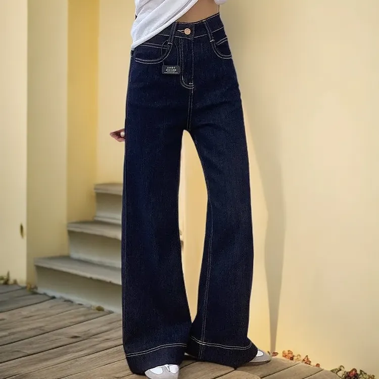 深蓝色复古微喇牛仔裤女新款爆款高腰宽松直筒百搭显瘦阔腿长裤