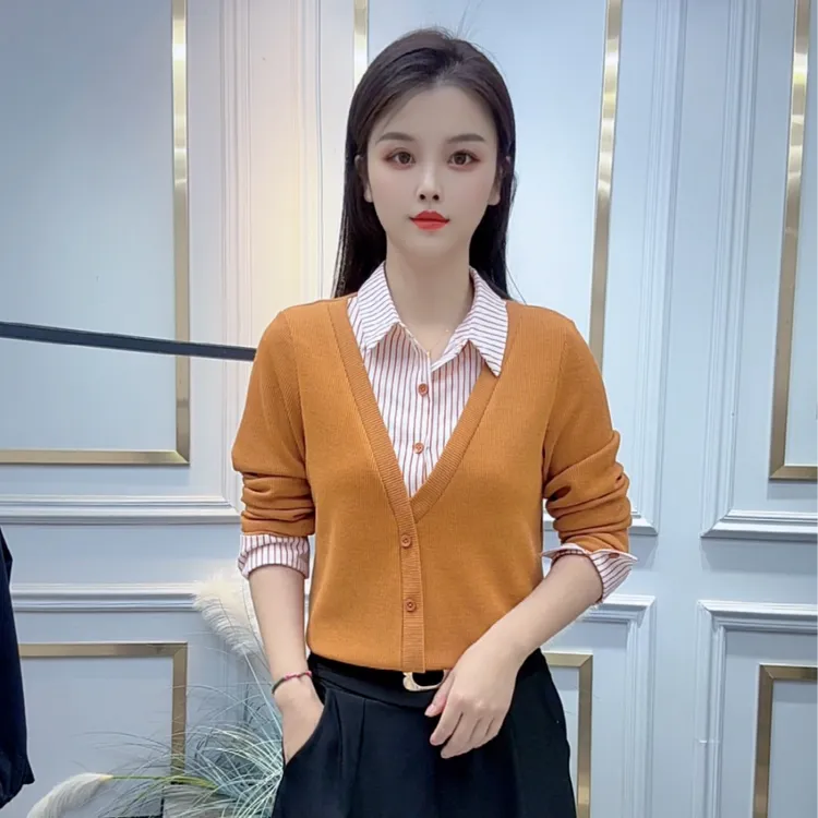 2025秋冬新款时尚百搭假两件长袖衬衫女修身洋气简约拼接条纹衬衣