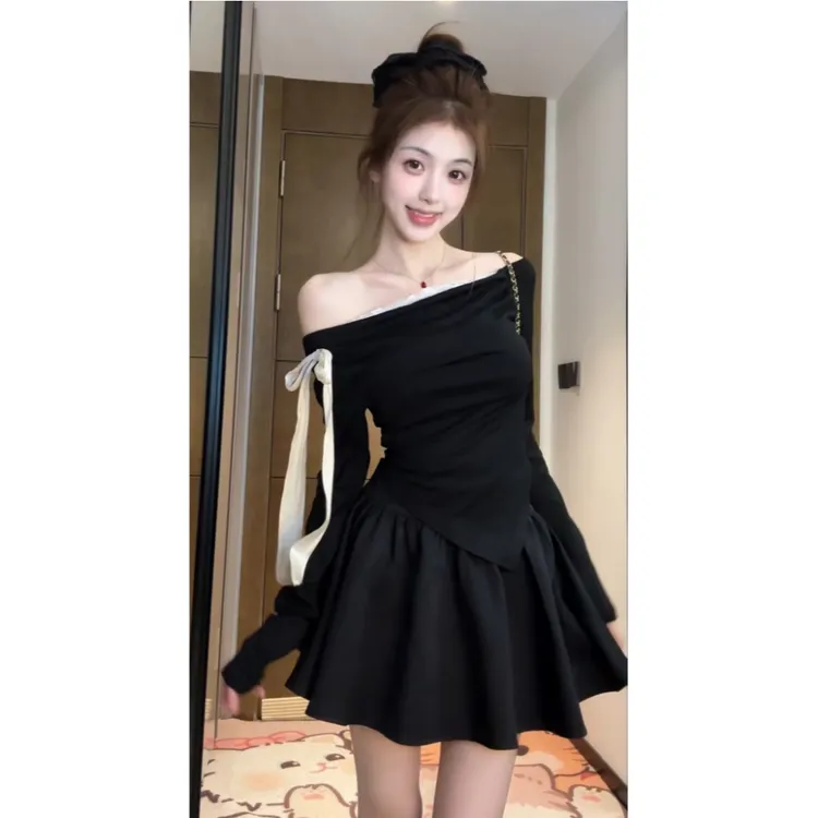 【XIAOBAWANG】韩系温柔蝴蝶结蕾丝拼接长袖新款修身套装W