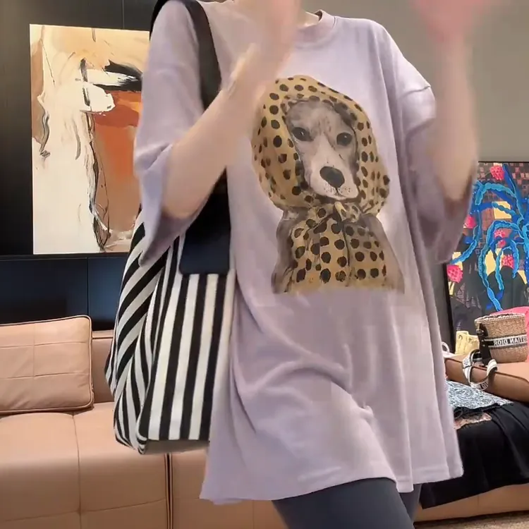 【头巾狗狗】印花T恤时尚圆领百搭慵懒狗狗潮牌短袖C5217