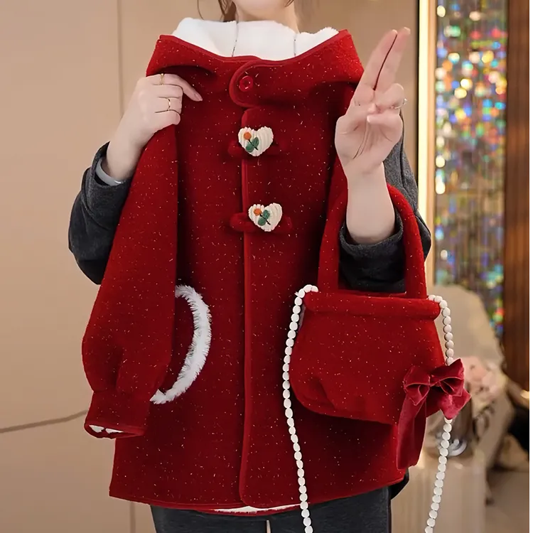女童呢大衣冬季2025新款儿童红色连帽拜年服韩版女孩加绒外套洋气