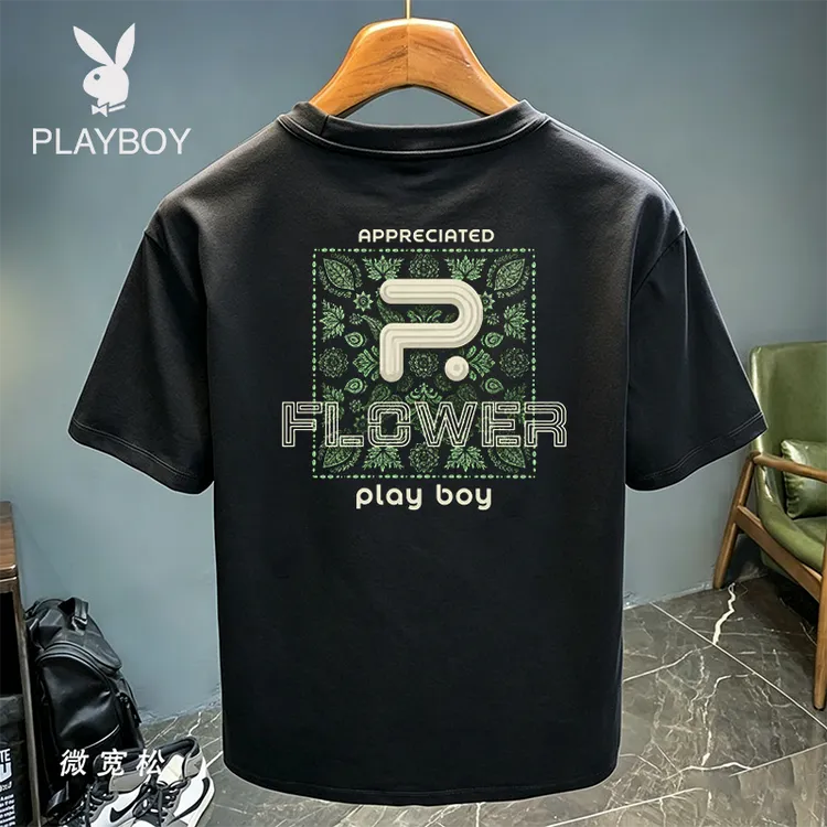 PLAYBOY/花花公子美式复古字母短袖T恤夏季纯棉重磅潮流男士上衣