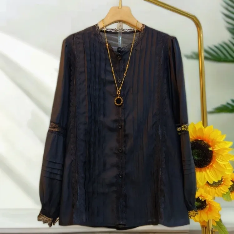 FY初夏新款长袖花边镂空袖衬衣遮肉衬衫小众上衣