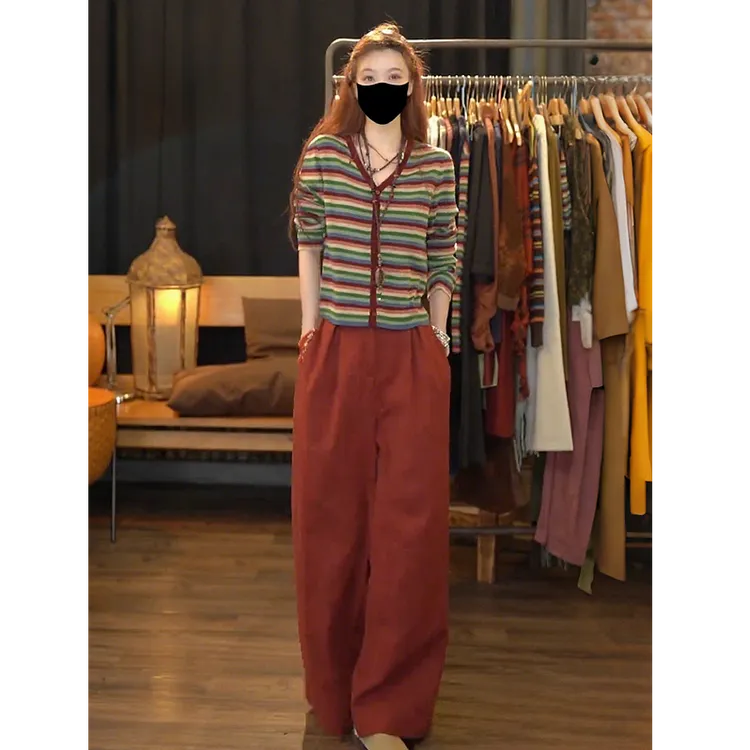 女士初秋减龄一整套氛围感穿搭撞色条纹针织衫阔腿休闲裤两件套装