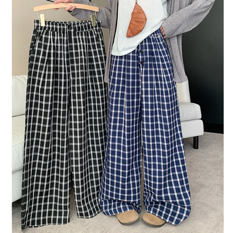蓝黑格子休闲长裤直筒裤秋季大码女孩显瘦格子裤3709