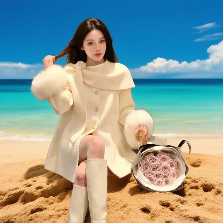 富家千金风羊毛毛领围巾领蝙蝠女装长袖毛呢型黑灰色气质羊绒大衣