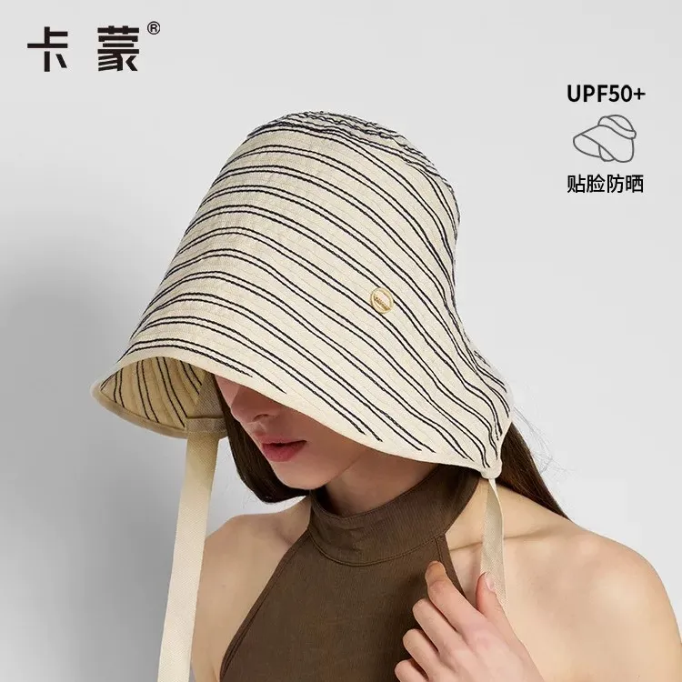 卡蒙系带蛋卷防晒帽女夏季大头围全脸遮阳帽防紫外线钟型帽显脸小