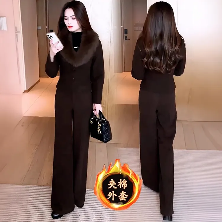 雅鹿时尚套装2025年冬季新款带毛领短款外套阔腿裤两件套