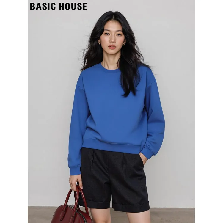 Basic House/百家好慵懒蓝色圆领长袖卫衣女2025秋打底衫套头上衣