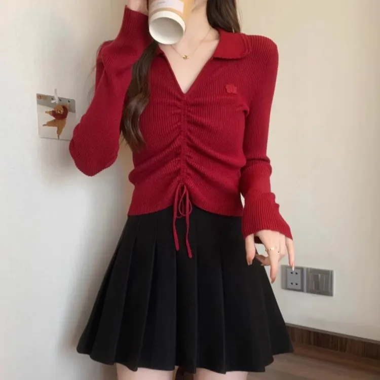 安可拉红春秋新款翻领设计感长袖短款针织衫女抽绳显瘦洋气上衣