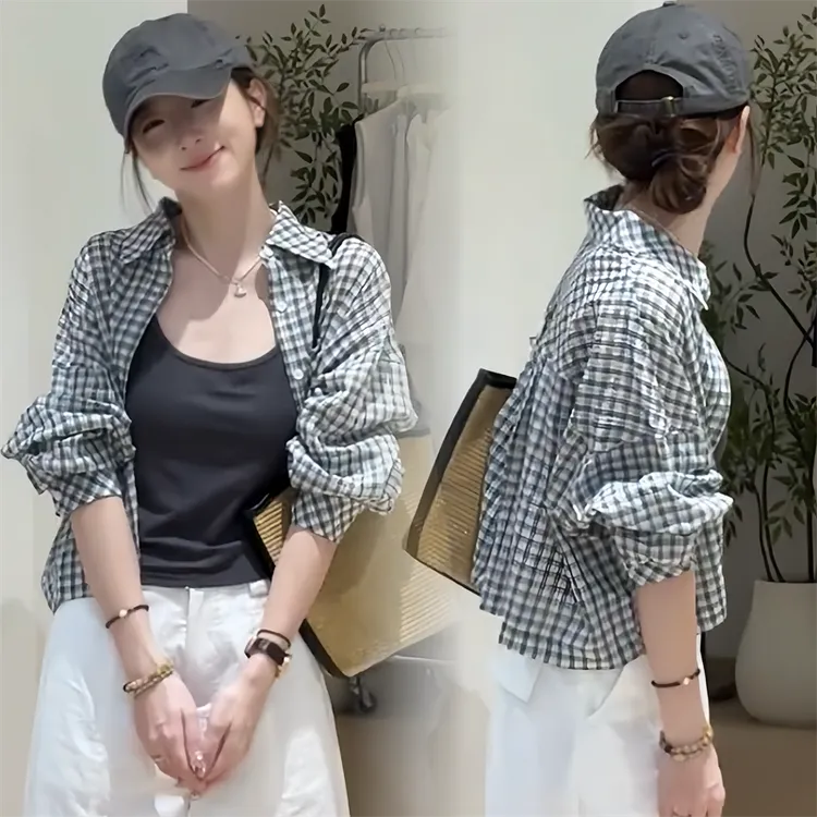 复古格子翻领衬衫纯色吊带背心俩件套女设计感小众宽松显瘦套装潮