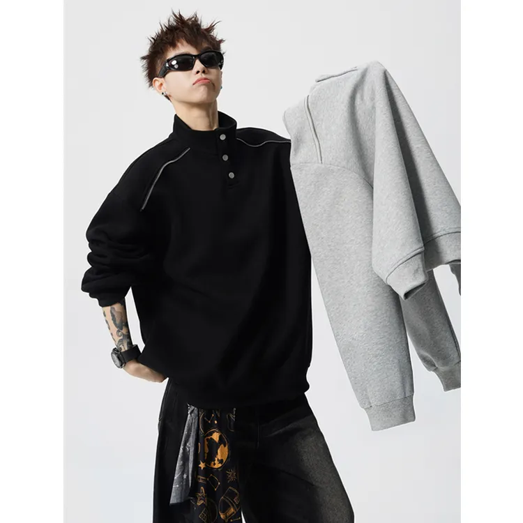 重磅立领单排扣卫衣男秋冬宽松休闲百搭套头衫长袖高级感潮牌上衣