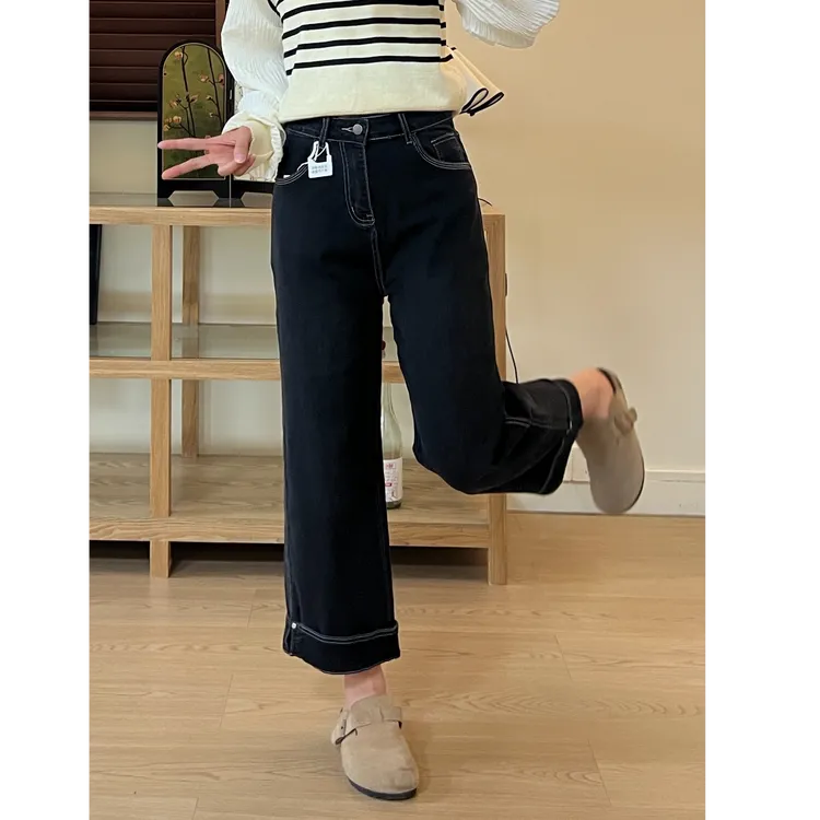 女长裤INS风拼接翻边可两穿窄版阔腿裤高腰显瘦阔腿直筒裤牛仔裤