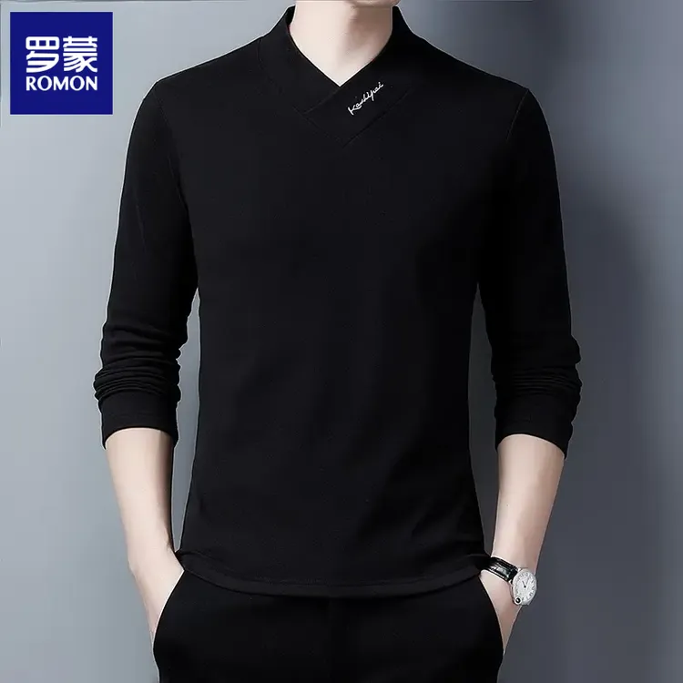 罗蒙秋冬季男士新款德绒领刺绣打底衫舒适双面绒保暖内搭休闲长袖