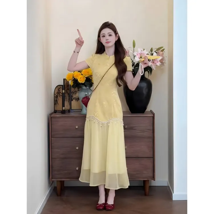 新中式国风长裙夏季收腰显瘦设计感假两件拼接印花旗袍黄色连衣裙