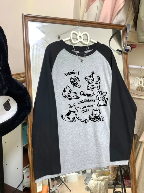 秋冬季拼色长袖纯棉T恤女圆领拼接插肩袖大码胖MM百搭ins上衣潮牌