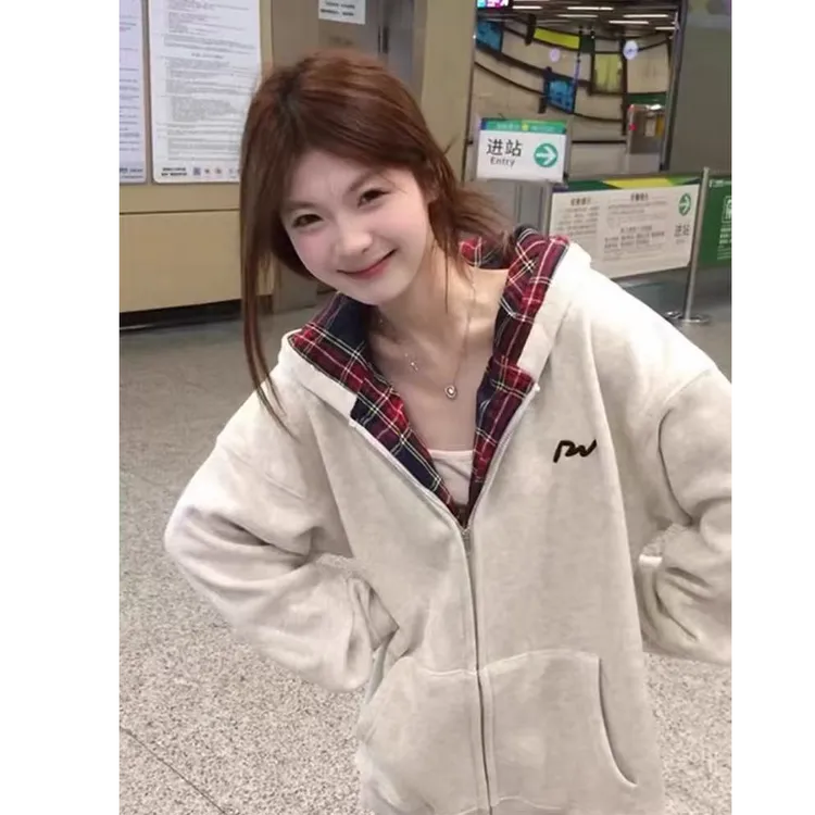 【UBKA】拼接格子内里开衫连帽卫衣女秋冬加绒美式慵懒风外套上衣潮