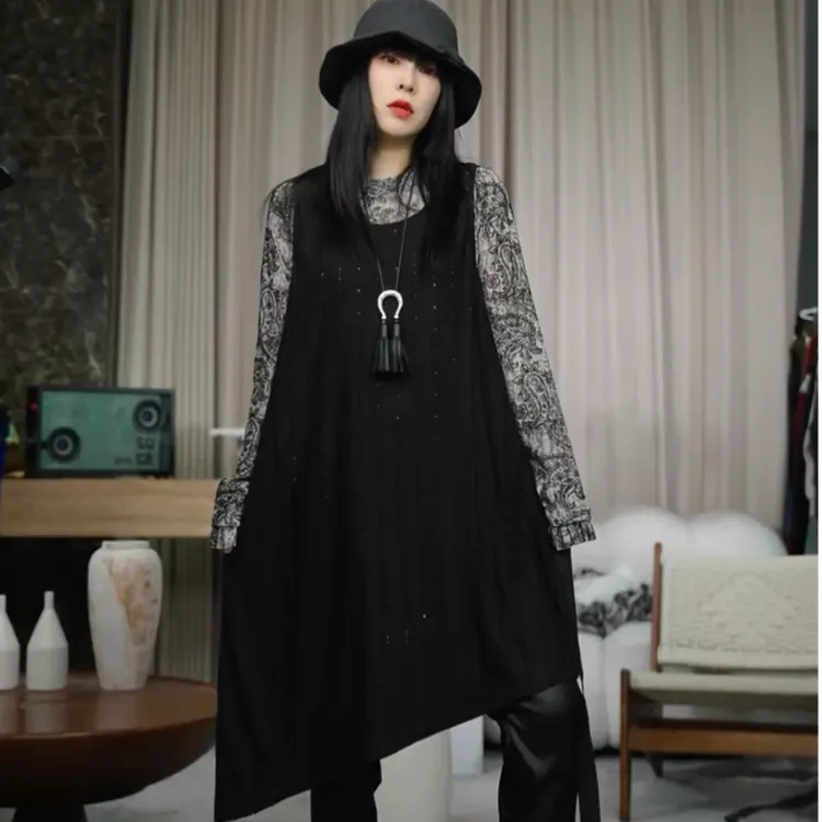 infobyfive秋冬镂空不规则斜边飘带背心吊带马夹裙二店NF0509007