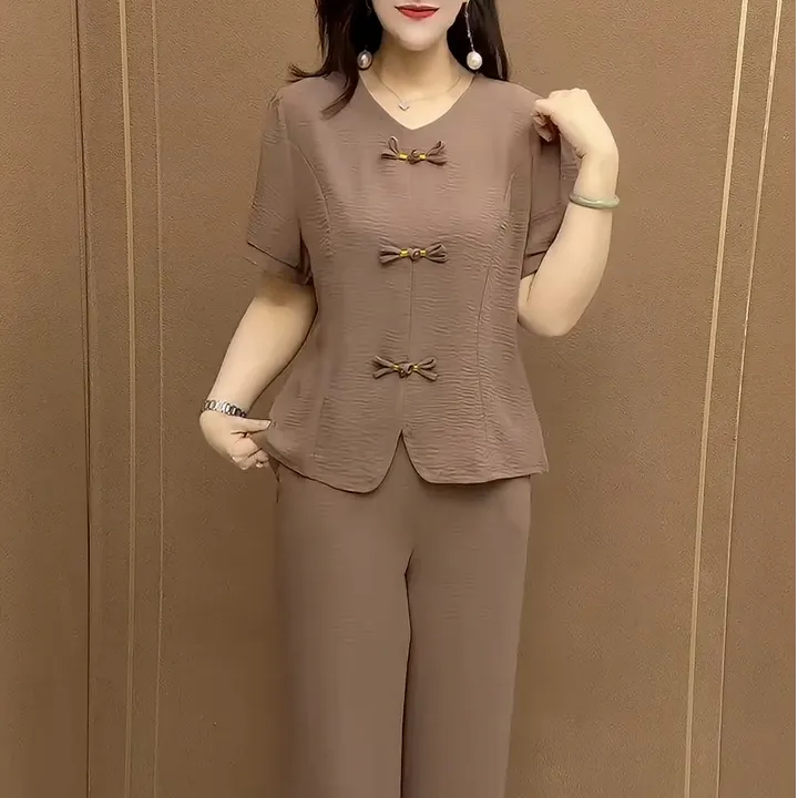 2025夏季新款时尚中年妈妈两件套复古拼接盘扣短袖上衣宽松裤套装