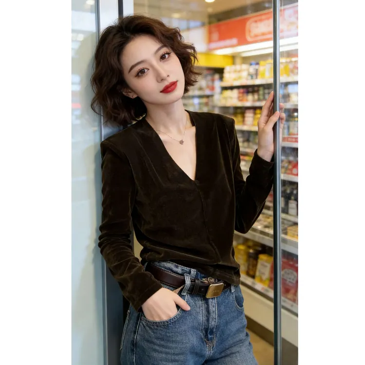 小个子气质V领长袖t恤女金丝绒春秋冬新款黑色显瘦内搭打底衫上衣