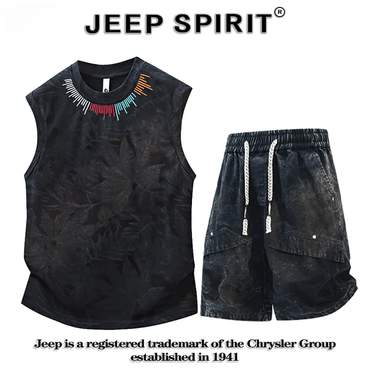 JEEPSPIRIT吉普夏季新款套装男扎染刺绣无袖背心美式宽松休闲上衣