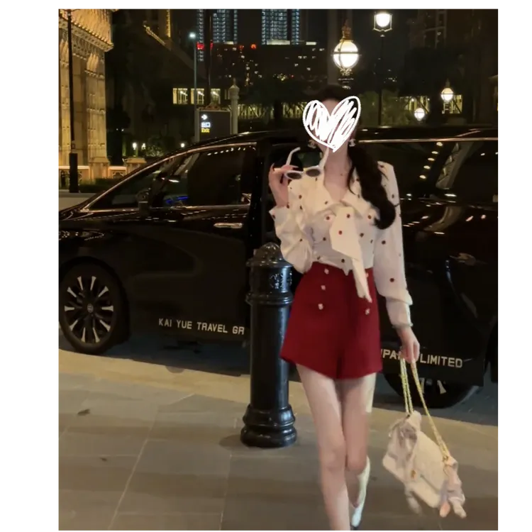 【现货】甜酒波尔卡收腰蝴蝶结波点白衬衫红色短裤套装S11088