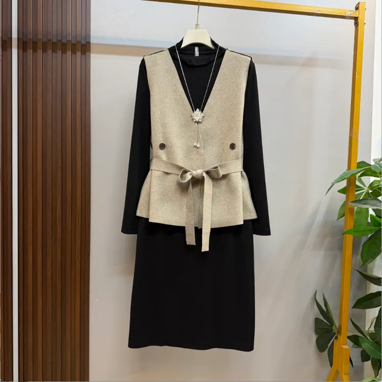 早秋新款时尚气质纯色轻奢设计师款马甲十打底裙两套套装