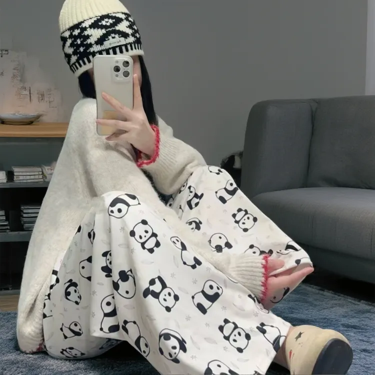 德绒睡裤女春秋季冬款保暖可爱卡通可外穿直筒宽松居家休闲遛弯裤
