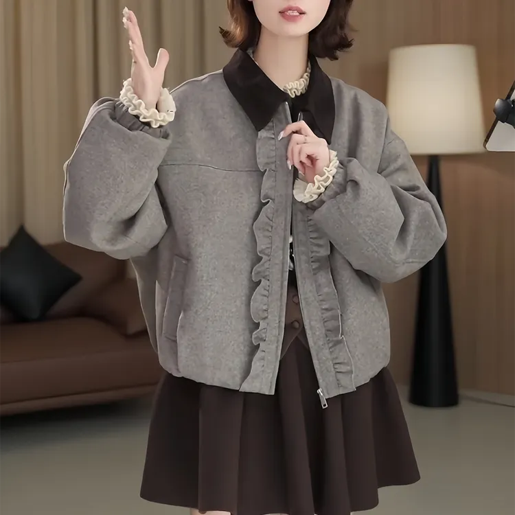 秋冬翻领木耳边设计感拉链短外套小个子气质时尚百搭宽松重工上衣