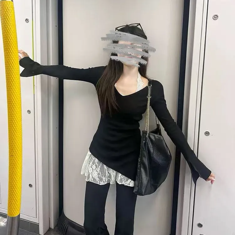 慵懒风蕾丝背心不规则正肩上衣高腰阔腿裤套装