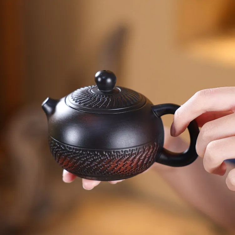 紫陶手工跳刀茶壶家用泡茶壶建水功夫茶壶复古高档陶瓷功夫茶具
