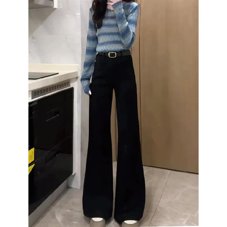 黑色加绒不贴腿微喇牛仔裤女秋冬季2025新款小个子高腰阔腿喇叭裤