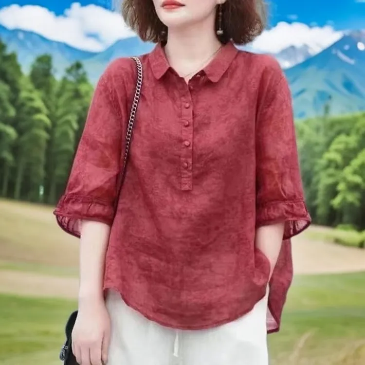 新款高档天丝苎麻提花洋气复古简约中袖显瘦遮肉衬衣薄款小衫