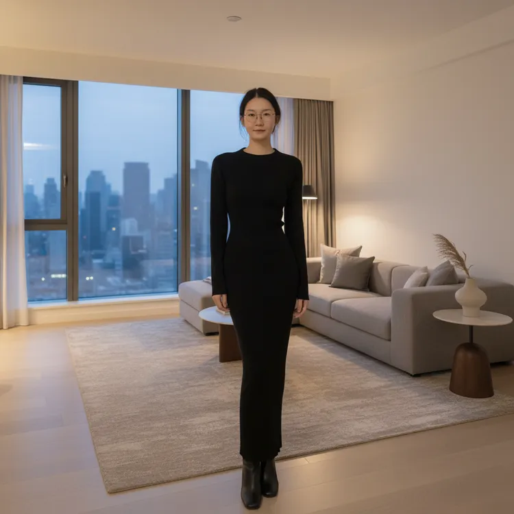 半高领高弹力秋冬高级感针织连衣裙修身长袖包臀长裙