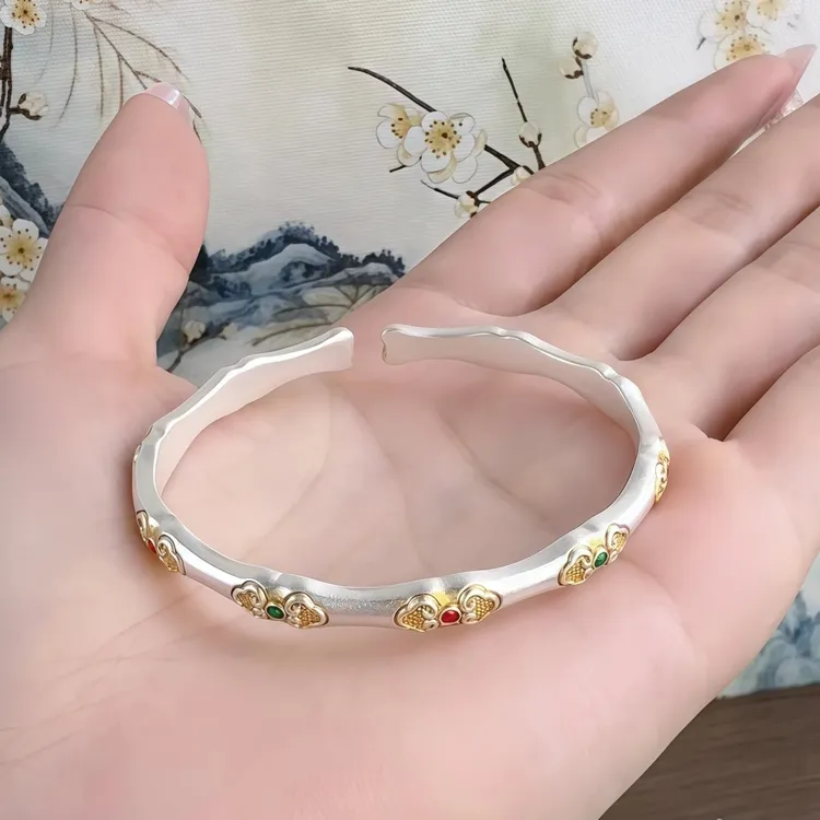足银手镯 999珐琅彩如意竹节手镯新中式国风纯银镯子送礼物女朋友
