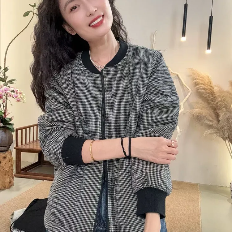 25756-保暖厚款免烫黑白格棉衣棉服棋盘格复古小香风