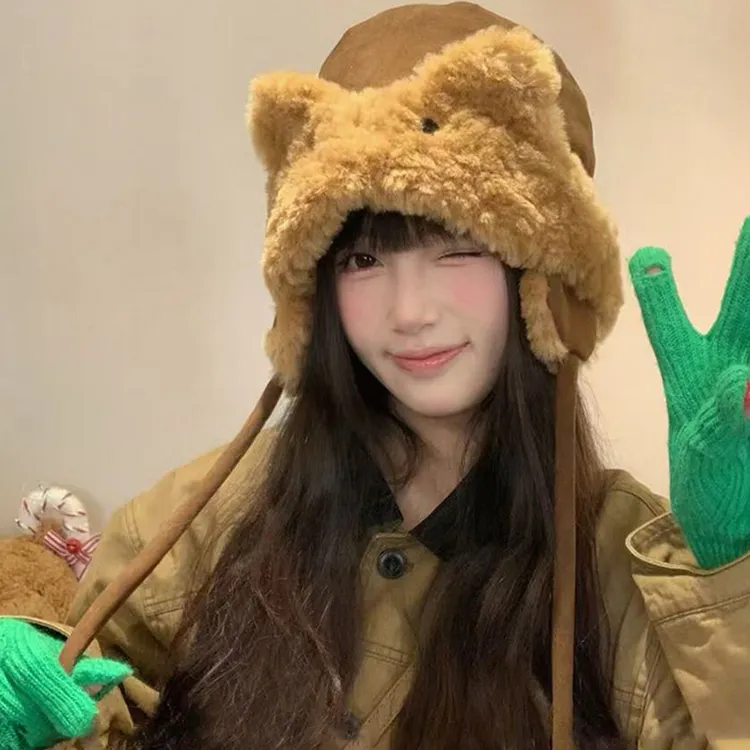 秋冬季毛绒兔耳护耳雷锋帽女加厚保暖显脸小包头帽户外防寒套头帽