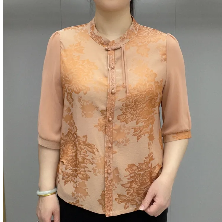 薄款刺绣中袖国风夏季衬衫复古提花中老年女士百搭上衣开衫C841