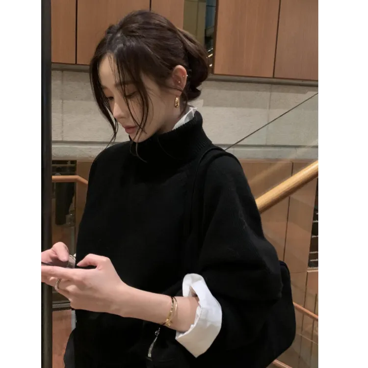 2025春季新款韩系复古chic简约气质高领长袖毛衣搭高腰显瘦长裤女