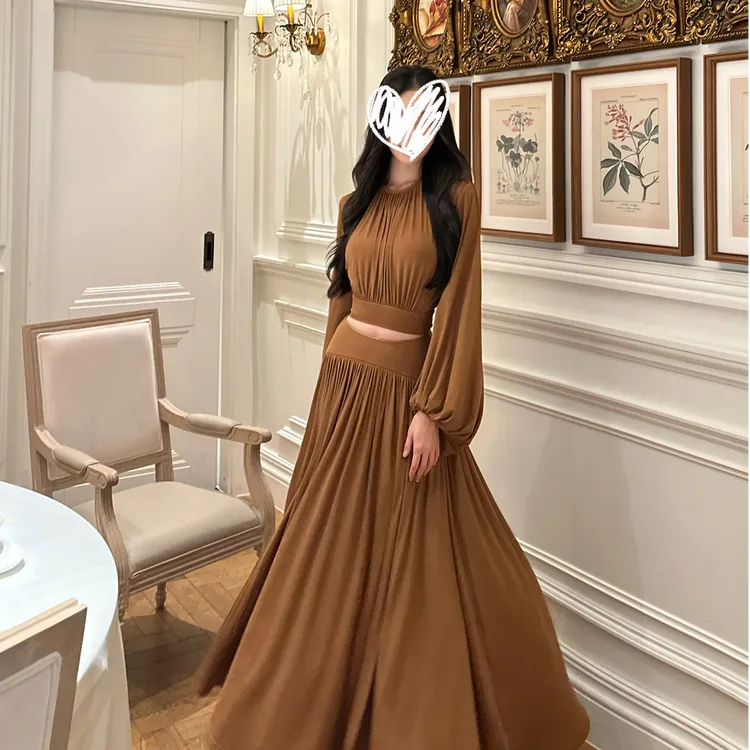 【盛宴】复古轻奢名媛穿搭套装女早秋焦糖色两件套上衣+半身裙00103