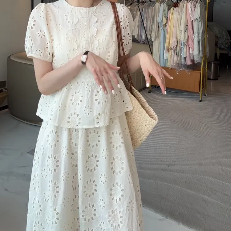 欧若风韩系太阳花短袖上衣镂空半裙套装时尚气质两件套夏季裙子