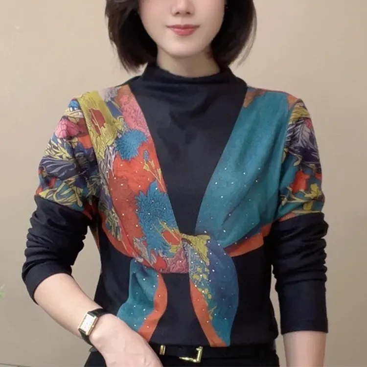 秋季加绒新款拼接印花长袖半高领百搭洋气时尚显瘦修身打底衫女