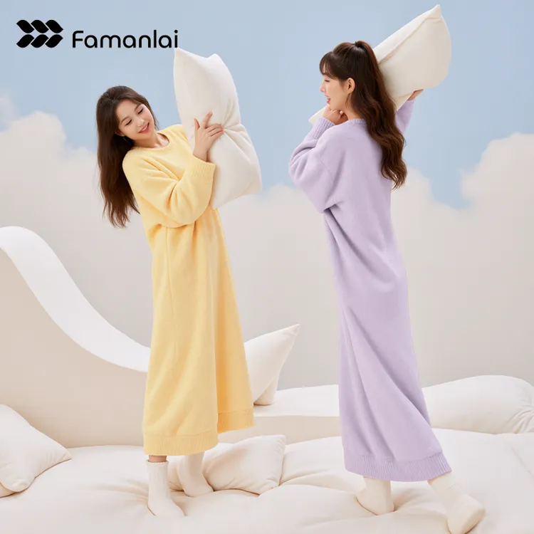 珊瑚绒睡衣女款秋冬季2025新款长款半边绒睡裙加绒加厚大码家居服