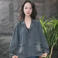 JJ秋季做旧女三粒扣长袖短外套宽松水洗翻领小众牛仔外套小西服