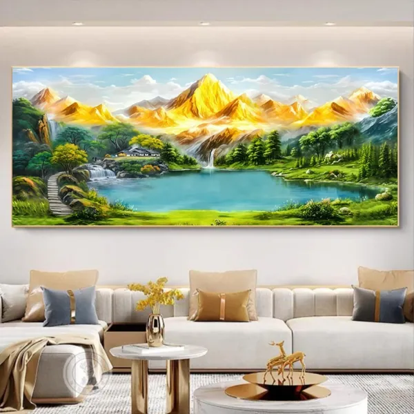 聚宝盆金山客厅山水沙发背景办公房晶瓷立体镶钻装饰挂画
