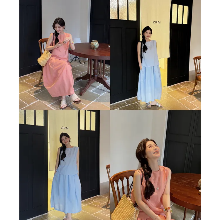 YPP！【月光手信】无袖背心上衣+A字宽松半身裙两件套女夏套装