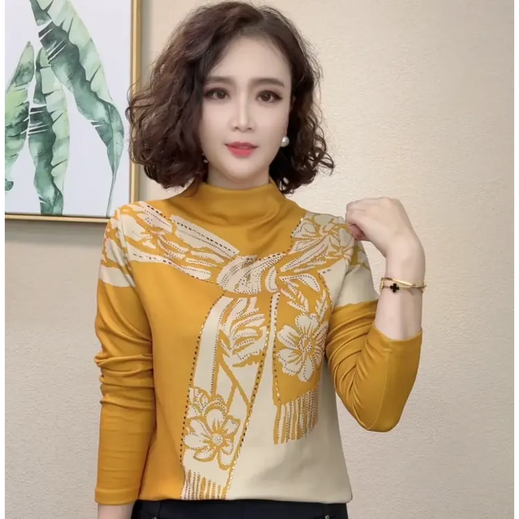 2025秋冬季新款百搭气质印花内搭半高领长袖打底女士上衣#847451