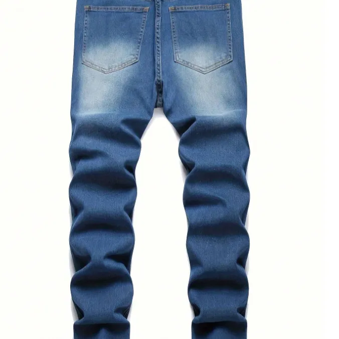 微弹破洞修身经典修身补丁048款牛仔裤