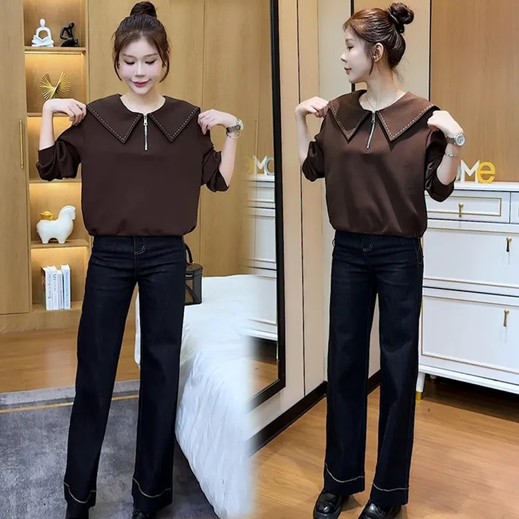 早秋季衣服韩系休闲设计感简约翻领长袖卫衣女宽松显瘦慵懒风上衣