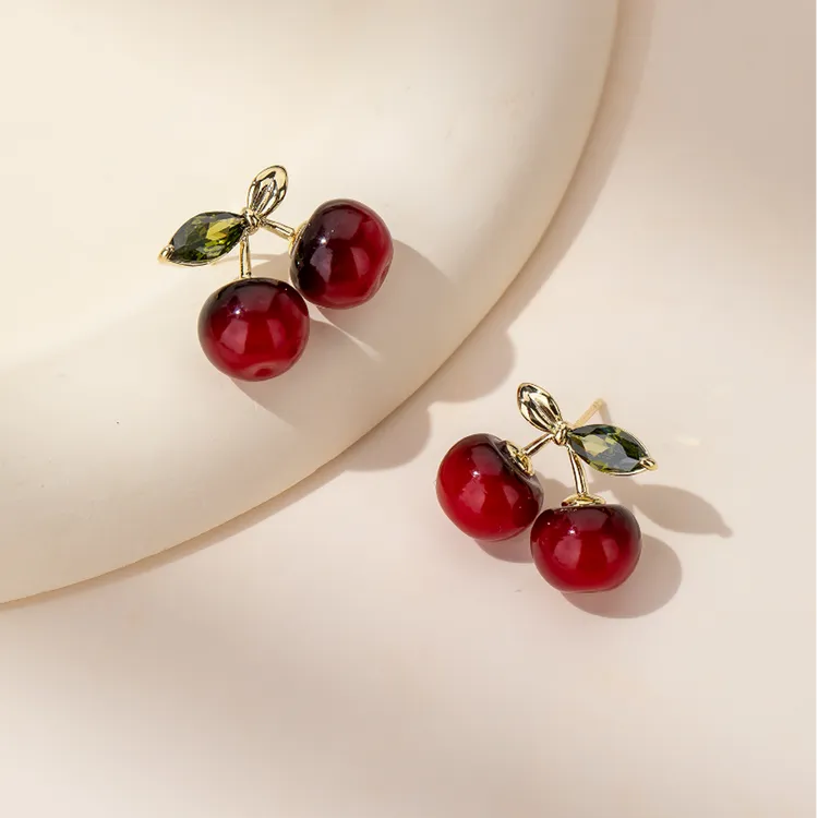 铜合金耳饰 红色樱桃耳钉巨好看耳环2025年新款爆款高级感耳饰